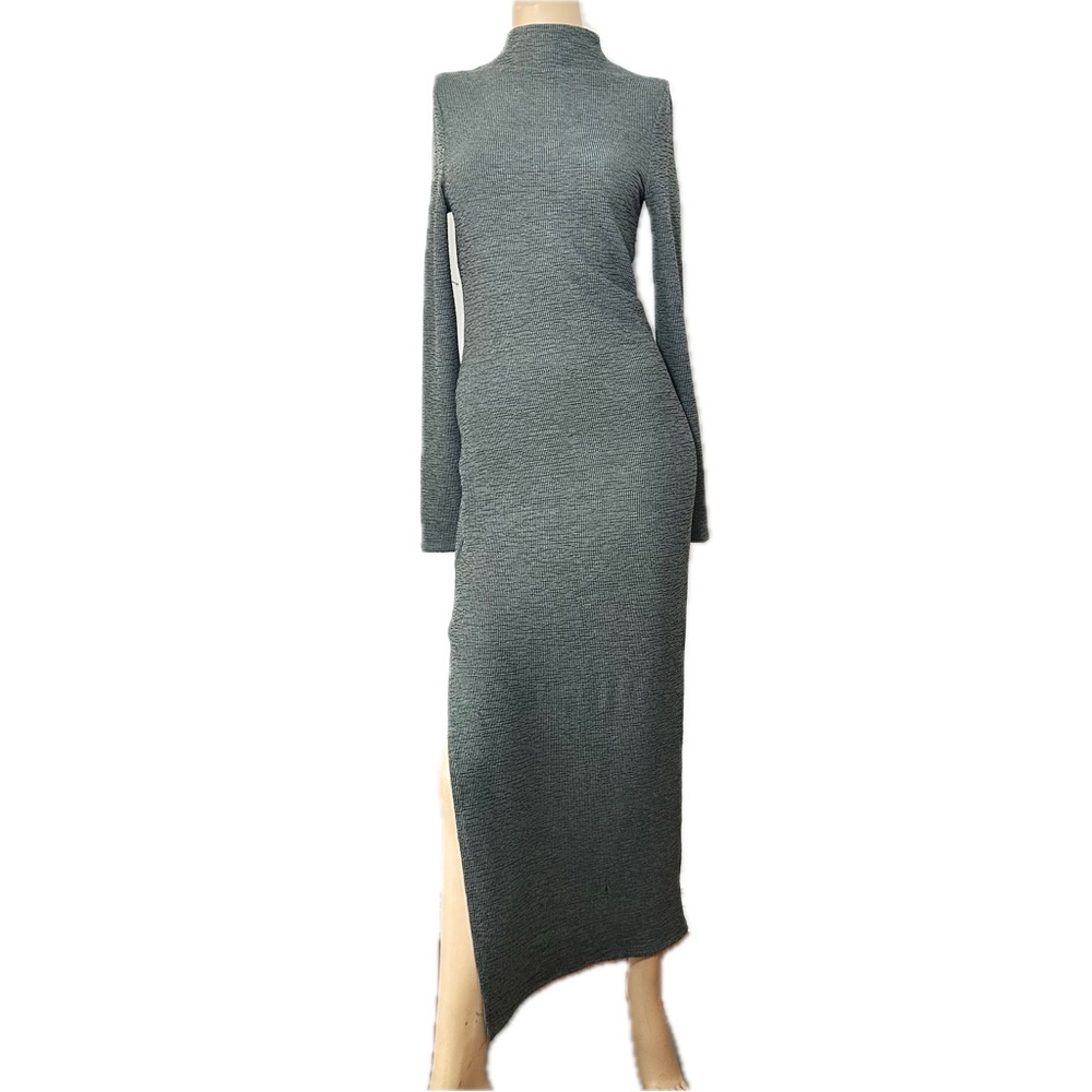 French Connection 1/4 Zip Ribbed Knit Maxi Dress Long Sleeve Green 6 Minimalist